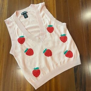 Hot Topic Pink Sweater Vest Strawberry Fruit Graphic V-neck Sleeveless Sz Medium